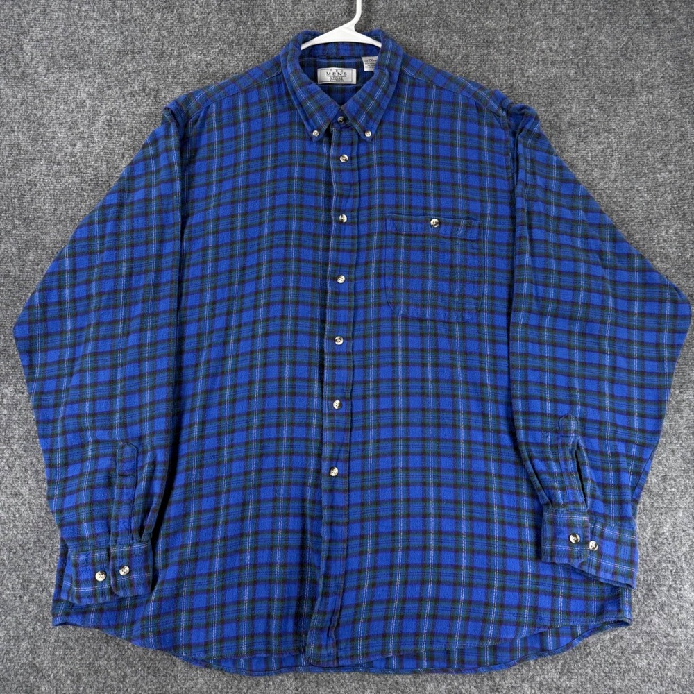 VTG The Men's Store at Sears Flannel Shirt Men's 2XLT Blue Cotton Plaid Long 90s